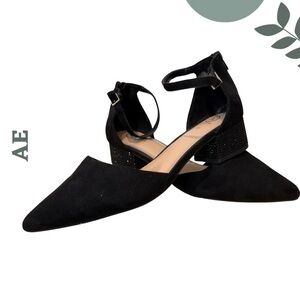 A.E. Black Suede Ankle Strap Sparkle Block Heels | Pointed Toe Size 10